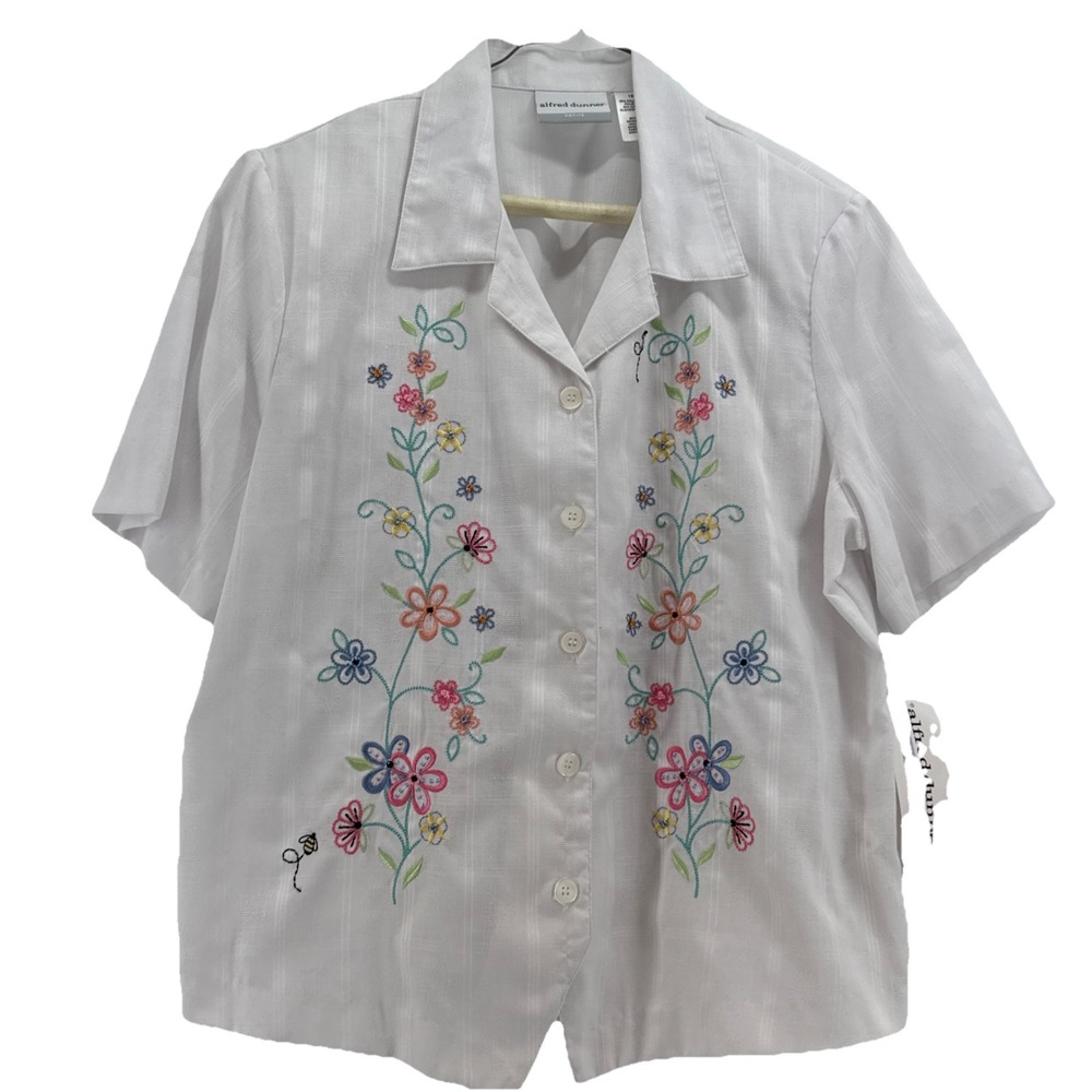 NWT Alfred Dunner Womens Grand Tour White Floral Embroidered Button Up Top 16P